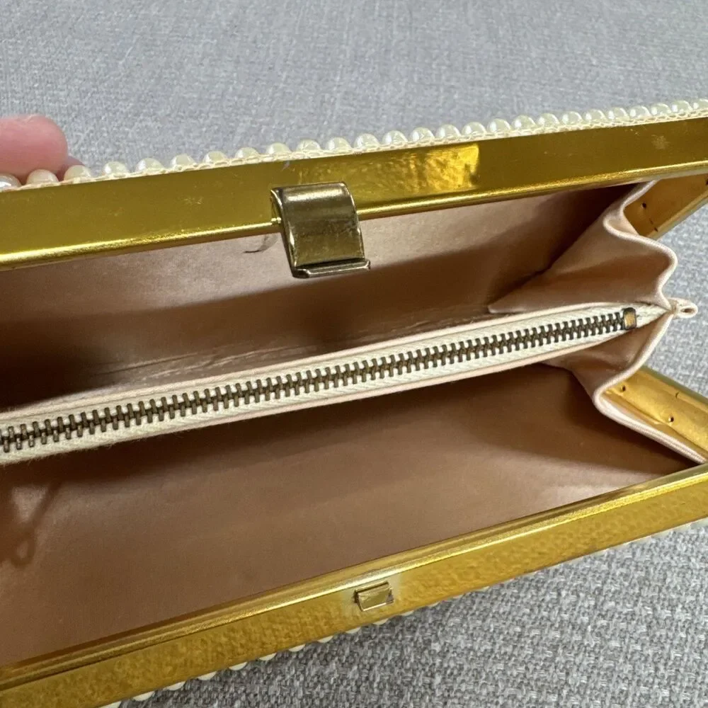 Vintage Faux Pearl Clutch Purse Gold Tone Frame Bag Mid Century MCM Glam Classy
